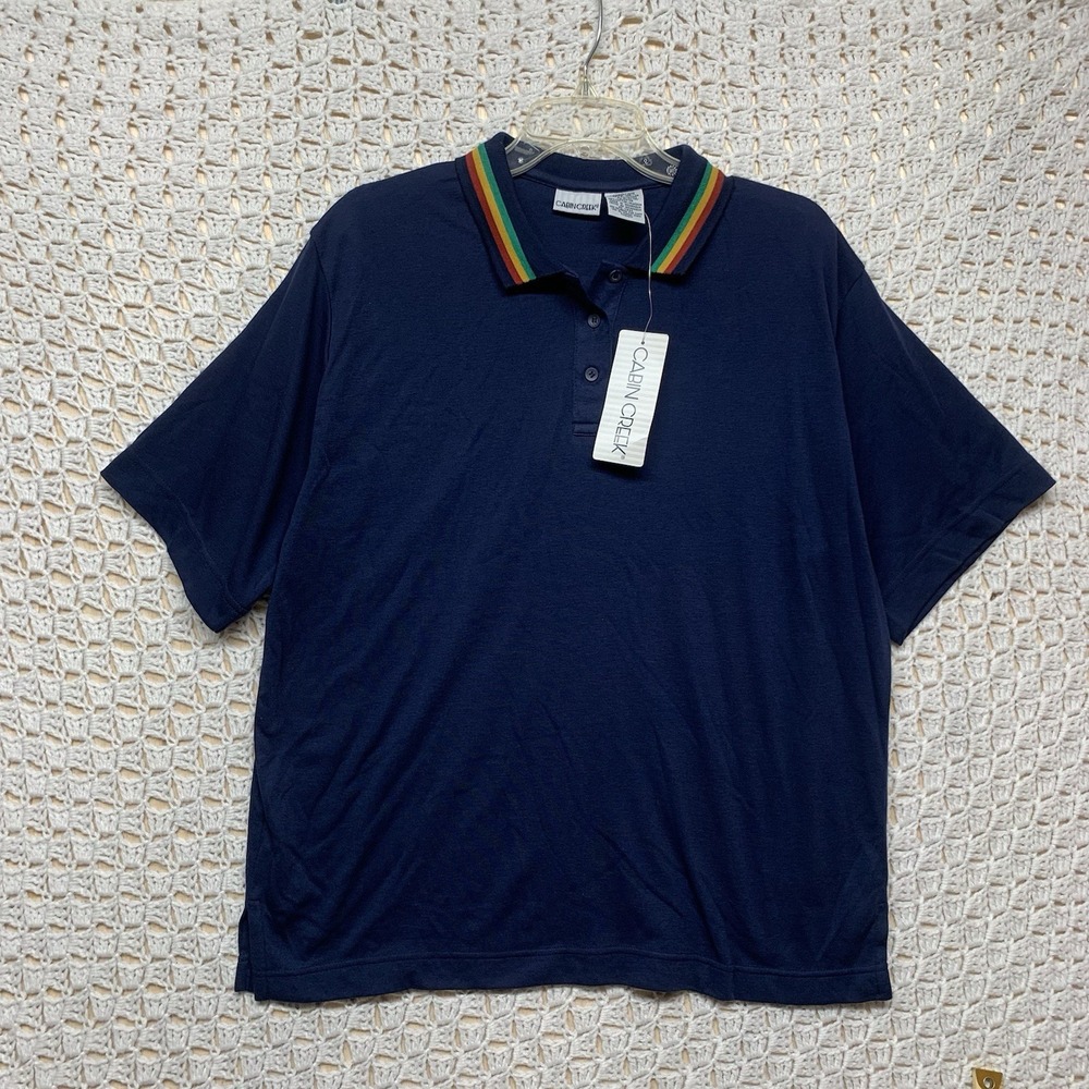 Vtg  80s Cabin Creek Shirt Women XL Navy Blue Striped‎ collared short sleeve NWT